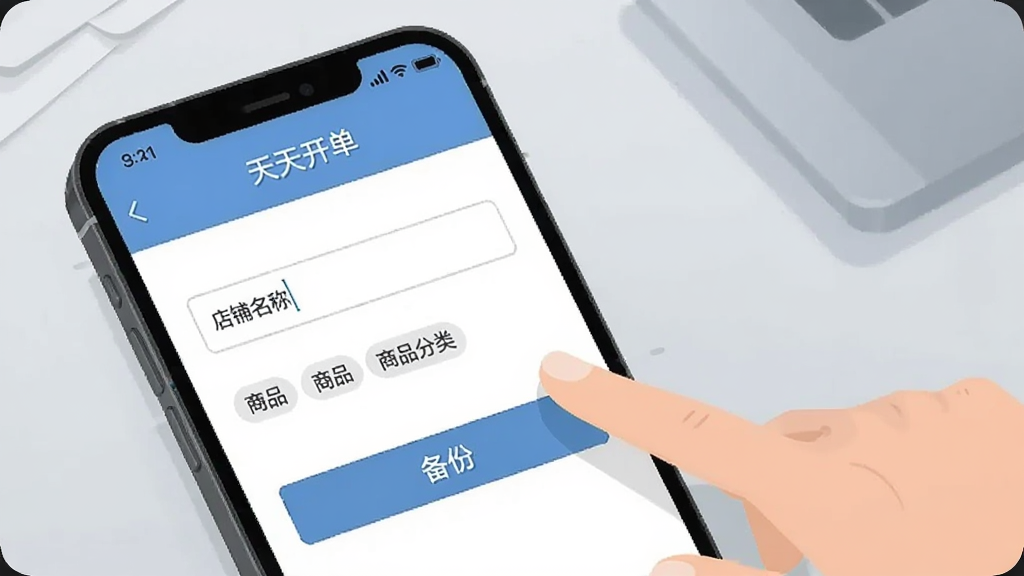 画面主体是一部手机屏幕特写,显示“天天开单”的设置页面,页面上有店铺名称输入框、商品分类标签和备份按钮,画面右侧有一只手正在点击屏幕,背景为简洁的浅灰色工作台,采用扁平化科技插画风格,细节清晰,画质干净,无多余文字元素