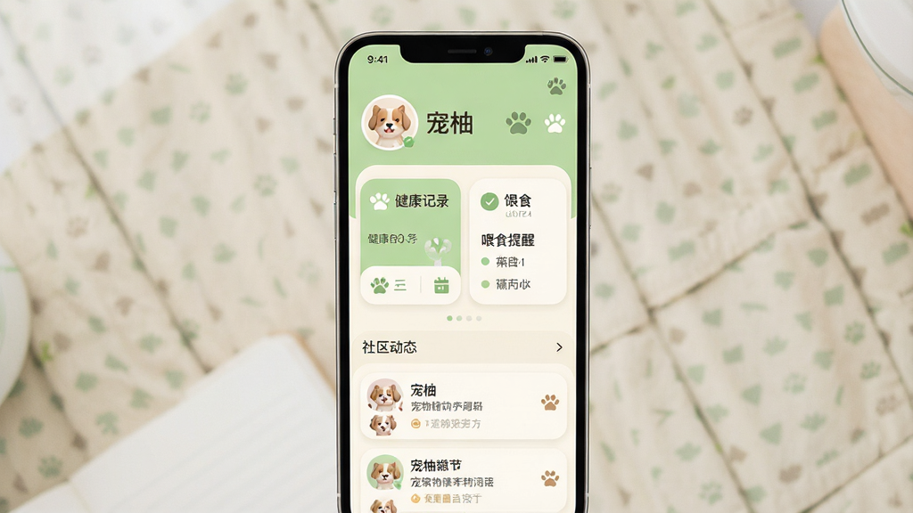 一张手机应用界面展示图,画面中央是一部竖屏智能手机,屏幕上显示宠物管理软件的首页,顶部有宠物头像与名字,中部是健康记录卡片与喂食提醒,底部是社区动态列表,整体布局简洁清晰,风格为清新柔和的扁平化UI设计,配色以浅绿与米白为主,细节包含爪印图标与圆角卡片,画质干净清晰,无多余元素,画面中可带文字“宠柚”