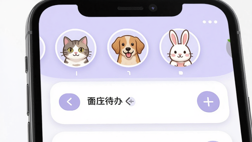 一张多宠管理界面的生图,画面为手机屏幕展示宠物切换栏,顶部横向排列三个宠物头像,分别为猫、狗、兔子,下方显示当前选中宠物的今日待办,布局为上下结构,风格为柔和的圆角卡片设计,配色浅紫与白色,细节包含切换箭头与加号按钮,画质清晰干净,无多余元素