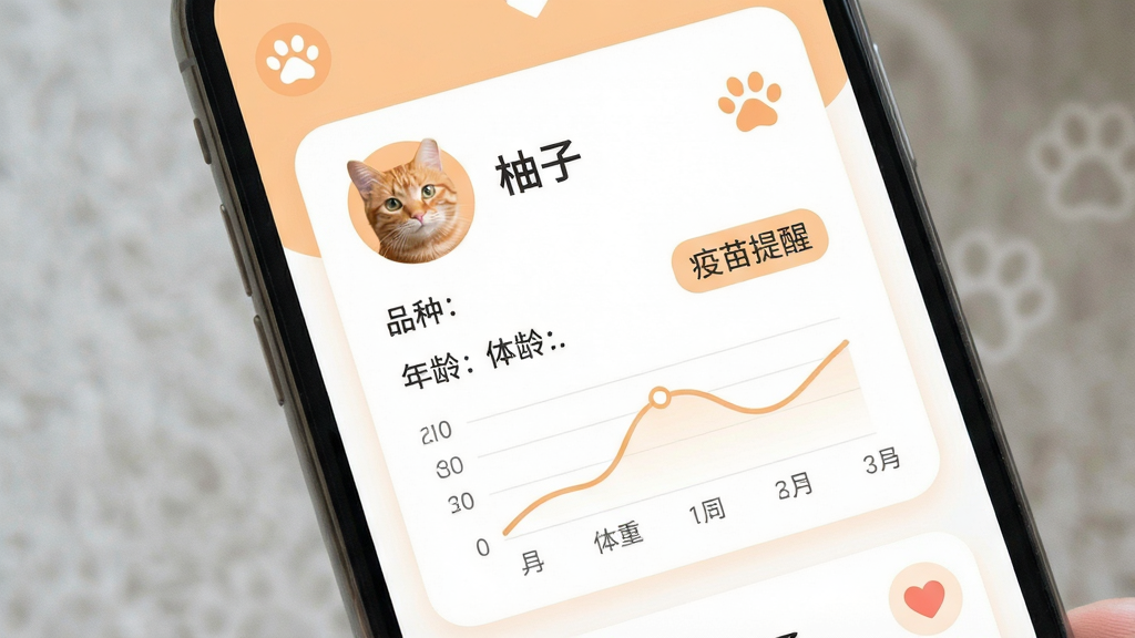 一张宠物档案管理界面的生图,画面为手机屏幕特写,屏幕内显示一只橘猫的档案卡片,包含头像、名字“柚子”、品种、年龄与体重曲线小图,旁边有疫苗提醒标签,布局为上下结构,风格为柔和圆角卡片式设计,配色浅橙与白色,细节包含爪印与心形图标,画质清晰干净,无多余元素