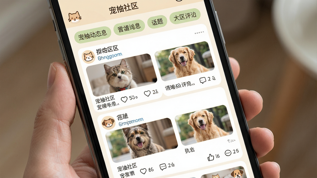 一张社区动态页面的生图,画面为手机屏幕展示信息流,包含用户发布的宠物照片与文字动态,下方有点赞与评论图标,顶部有话题标签栏,布局为瀑布流卡片,风格为温暖的生活化设计,配色以米黄与浅绿为主,细节包含猫咪与狗狗的小图标,画质清晰干净,无多余元素,画面中可带文字“宠柚社区”