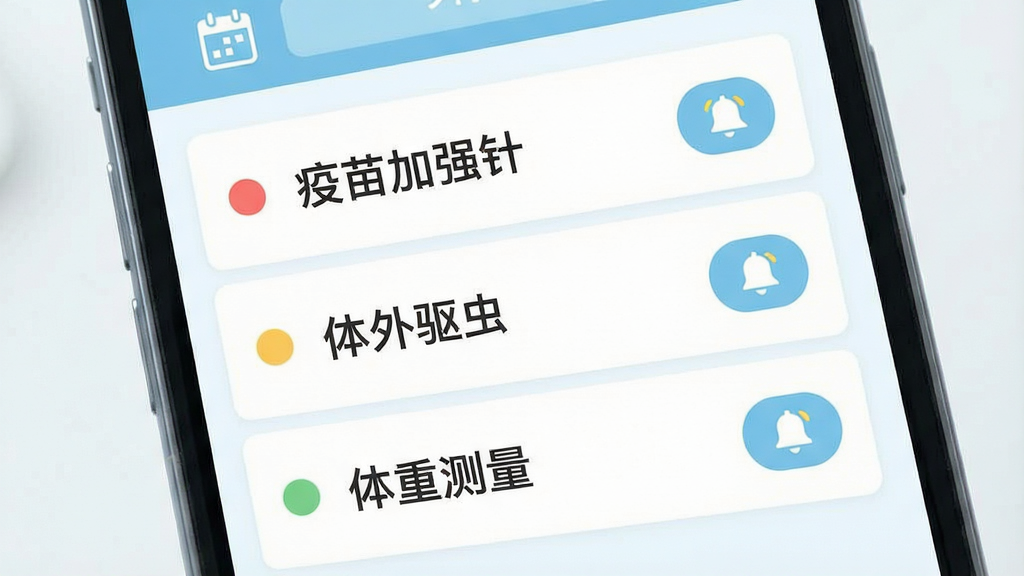 一张健康提醒功能的生图,画面为手机界面展示提醒列表,包含“疫苗加强针”“体外驱虫”“体重测量”三条待办事项,每条前面有彩色圆点标识,右侧有打卡按钮,布局为纵向列表,风格为清爽简约的扁平设计,配色以浅蓝与白色为主,细节包含日历图标与铃铛图标,画质清晰干净,无多余元素