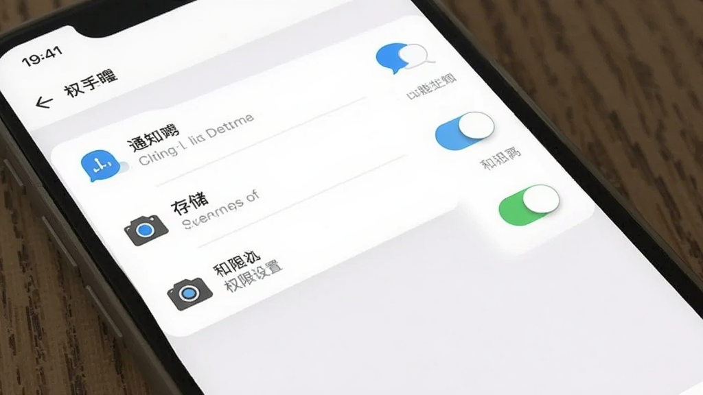一张手机安装与权限设置的示意图,画面为手机屏幕展示应用权限管理页面,包含通知、存储、相机三个权限开关,布局为纵向列表,风格为简洁的系统设置界面风格,配色以白色与浅灰为主,细节包含权限图标与开关按钮,画质清晰干净,无多余元素