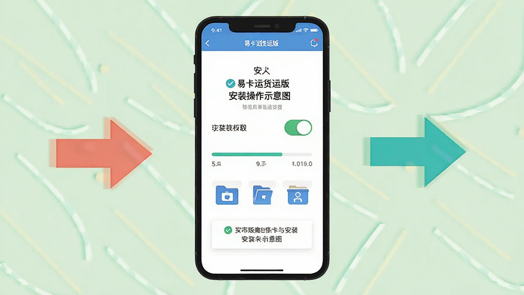 易卡运货运版安装操作示意图,画面主体为手机屏幕展示应用安装权限设置页面,布局为居中手机与侧边箭头指示,风格为扁平化教程插画风,细节包括权限开关按钮、安装进度条、文件管理图标、提示文字框,画质清晰,画面干净,无多余元素