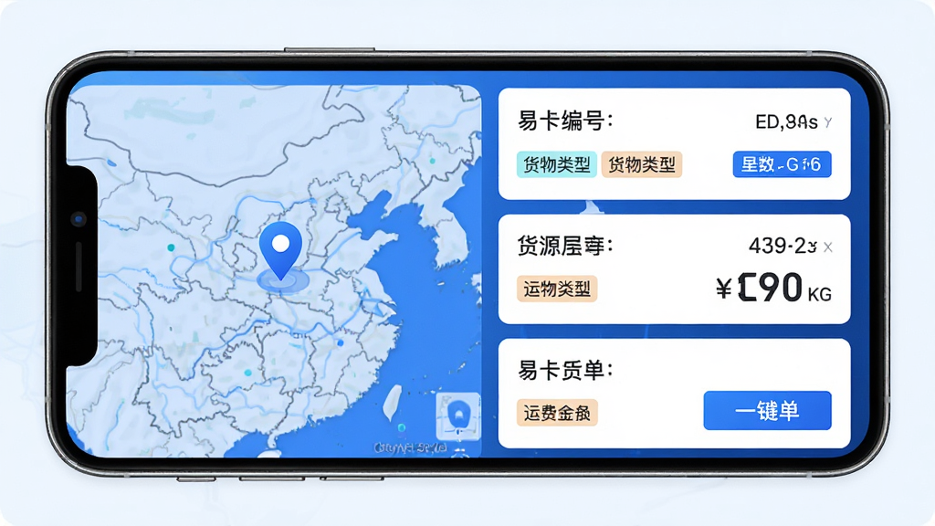 易卡运货运版功能展示图,画面主体为手机屏幕中的货源推送界面,布局采用左右分栏,左侧为地图定位模块,右侧为货源列表卡片,风格为科技感十足的蓝色调UI风格,细节包括定位图标、货源编号、货物类型标签、里程数、运费金额、一键抢单按钮,画质高清,画面干净,无杂乱元素