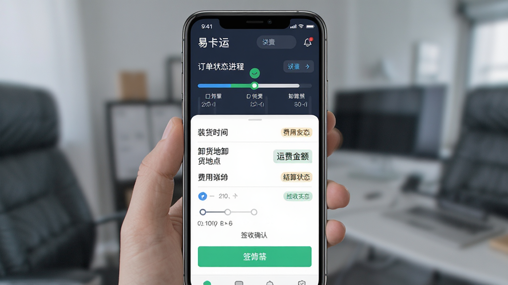 易卡运货运版运输管理界面,画面主体为手机屏幕展示运输订单详情页,布局为上下结构,上方为订单状态进度条,下方为费用明细与签收确认区域,风格为简约商务风,细节包括装货时间、卸货地点、运费金额、结算状态标签、签收按钮、时间轴节点,画质清晰,画面干净,无多余元素