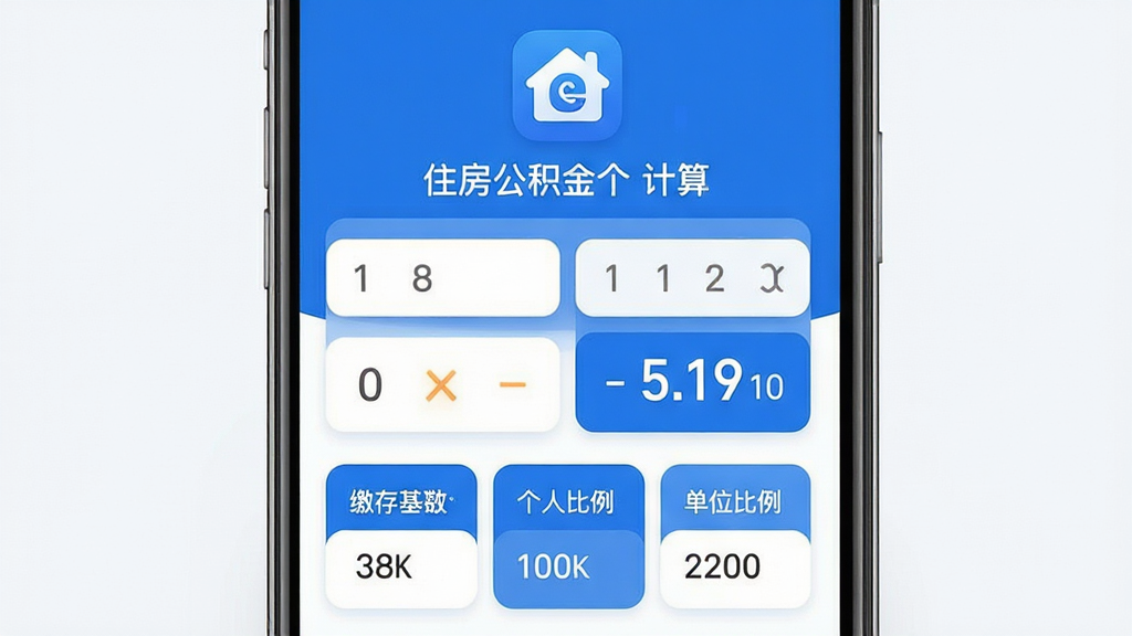 画面主体为一款名为“住房公积金个人计算”的手机应用界面展示,布局采用居中对称构图,上方放置应用图标与名称,中部展示计算器风格的输入框与结果展示区,下方排列缴存基数、个人比例、单位比例等参数卡片,整体排版整洁有序,风格为扁平化现代科技风,细节上采用蓝白配色、圆角卡片、数字清晰醒目,画质高清干净,无多余装饰元素