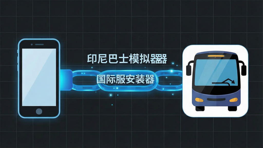 一幅科技风格的示意图,画面左侧为手机图标,右侧为游戏巴士图标,中间由一条发光的蓝色数据链连接,数据链上标注“印尼巴士模拟器国际服安装器”字样,背景为深灰色网格,风格简洁现代,画质干净清晰,无多余元素