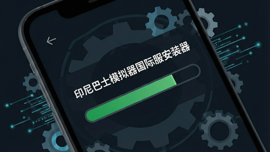 一部智能手机屏幕特写,屏幕上显示“印尼巴士模拟器国际服安装器”的安装进度界面,进度条为绿色,背景为深色科技感界面,周围环绕着齿轮与数据流线条,风格为扁平化UI插画,画质清晰,画面干净无杂乱元素