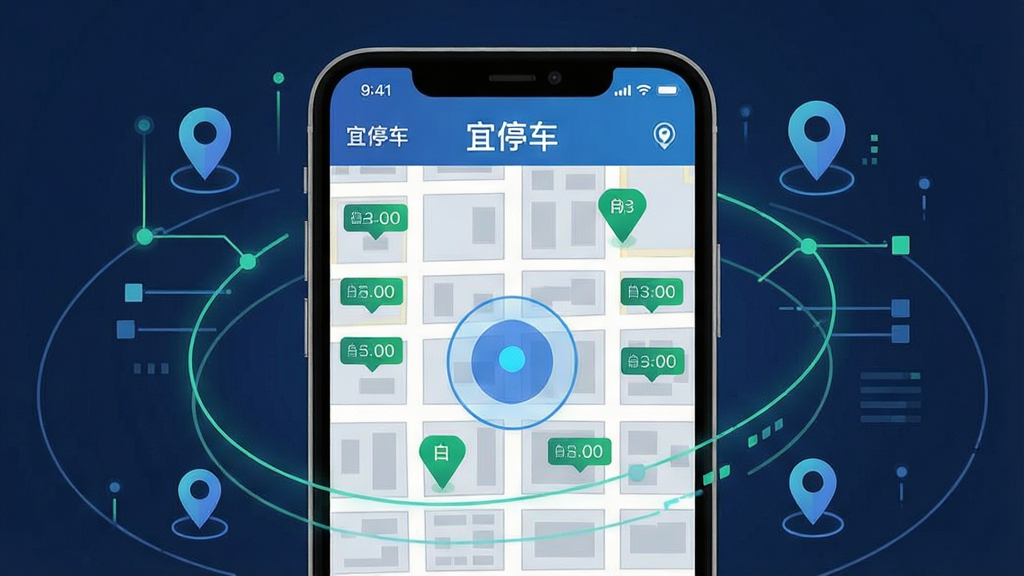 一张以“宜停车”应用地图界面为主体的科技感插画,画面中心为手机屏幕特写,屏幕上展示城市街区地图与多个绿色泊位标记点,周围环绕抽象的数据线条与定位图标,布局为居中对称式,风格简洁现代,细节包括泊位编号小标签、蓝色定位光圈、街道网格纹理,画质干净清晰,无多余装饰元素