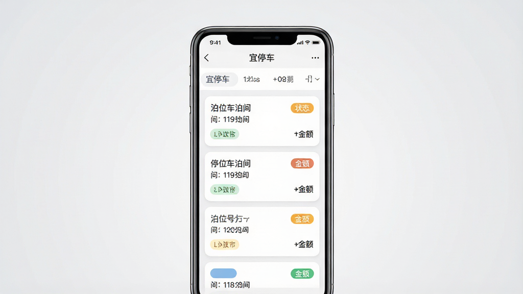 一张展示手机应用订单列表界面的扁平化风格图片,画面主体为一部智能手机,屏幕内呈现“宜停车”订单记录页面,包含多条停车订单卡片,卡片上标注泊位号、时间与金额,布局为手机居中放置,背景为浅灰色渐变,风格简约商务,细节包括卡片圆角设计、状态标签色彩区分、顶部筛选栏,画质清晰干净,无杂乱元素