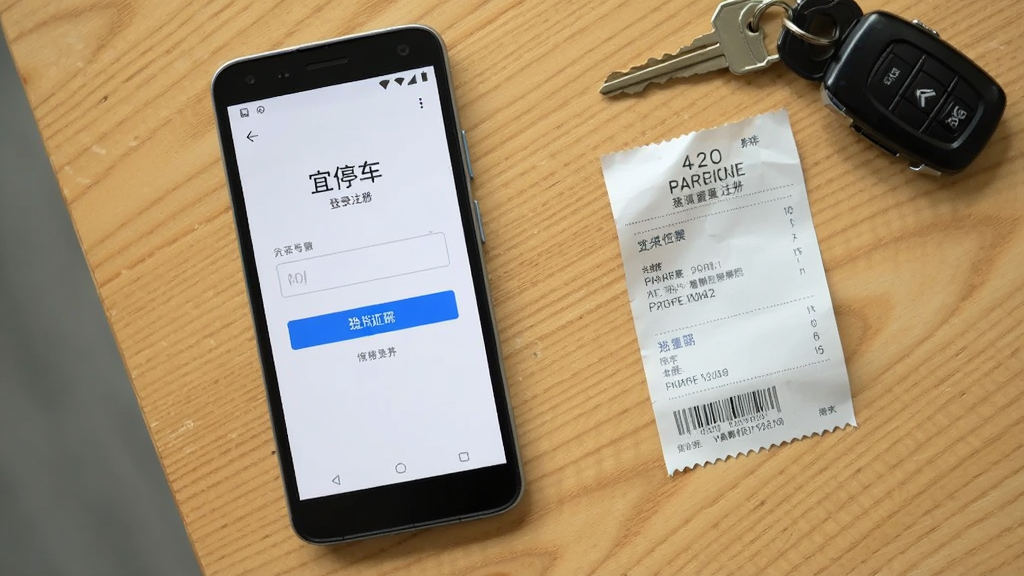 一部安卓手机屏幕显示“宜停车”登录注册页面,画面采用俯视角度,手机放置在木质桌面,旁边有一张停车小票和车钥匙,布局为手机居中偏左,右侧留白放置小票与钥匙,风格为生活化静物摄影,细节包括屏幕上的手机号输入框与验证码按钮、桌面木纹质感、柔和自然光,画质清晰干净,无多余杂物