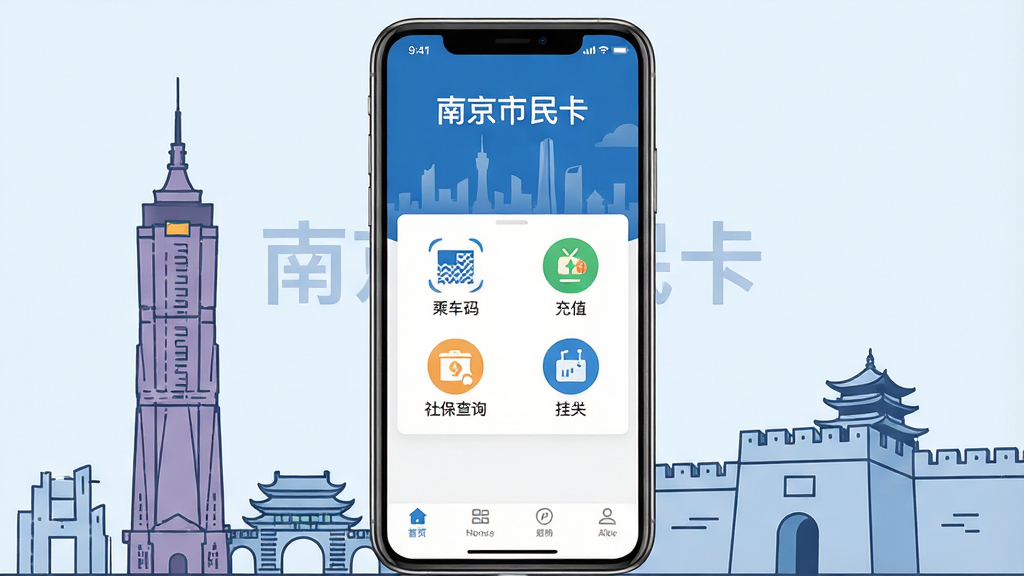 一张展示南京市民卡手机应用主界面的效果图,画面中央是一部竖屏智能手机,屏幕内呈现蓝色调的应用首页,顶部显示“南京市民卡”字样与城市剪影背景,中部排列乘车码、充值、社保查询、挂失等功能图标,底部为导航栏。手机两侧点缀南京地标建筑线条插画如紫峰大厦与城墙,整体布局居中对称,风格为现代扁平化UI展示,细节清晰、色彩干净,画质高清,无多余装饰元素