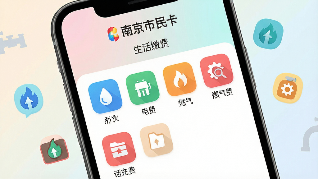 一张表现南京市民卡应用内生活缴费功能界面的效果图,画面为手机屏幕特写,屏幕内展示“南京市民卡”生活缴费板块,排列水费、电费、燃气费、话费充值等彩色图标,界面布局整齐,背景为柔和渐变浅色。手机周围漂浮着水电燃气小图标作为点缀,风格为扁平化UI展示,细节清晰、色彩明快,画质干净,无多余文字与装饰