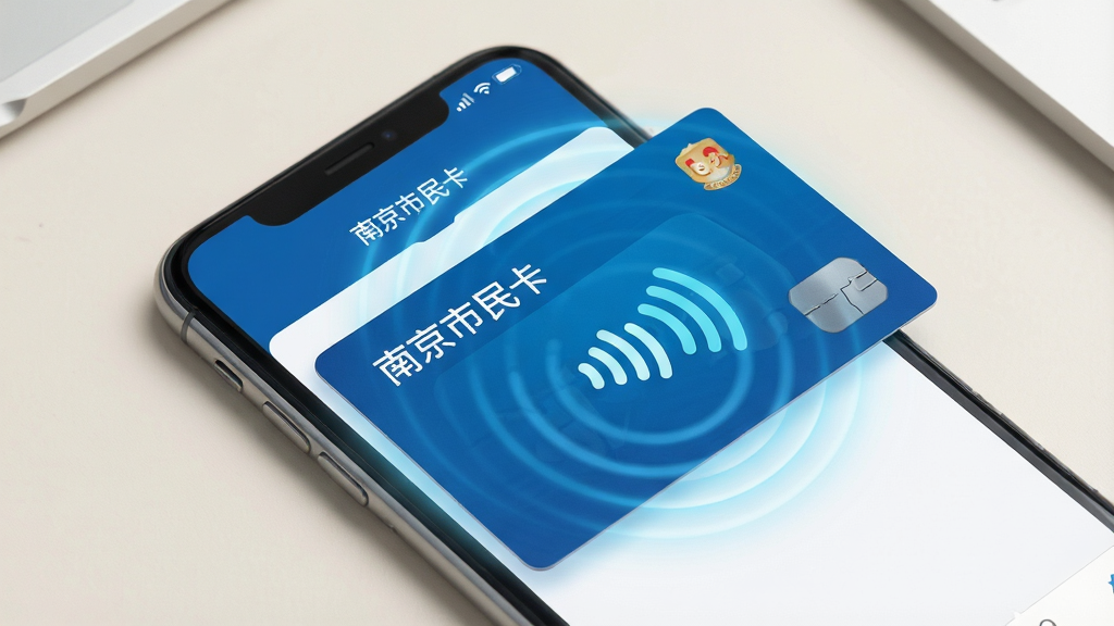 一张展示手机为实体市民卡充值的操作示意图,画面中一部手机背面贴近一张蓝色市民卡,手机屏幕显示“南京市民卡”充值页面与NFC感应动画,卡片周围有淡蓝色光晕表示感应连接。背景为简洁的浅色桌面,构图采用俯视微距视角,风格清爽科技感,细节呈现感应波纹与屏幕UI,画质高清,无多余杂物