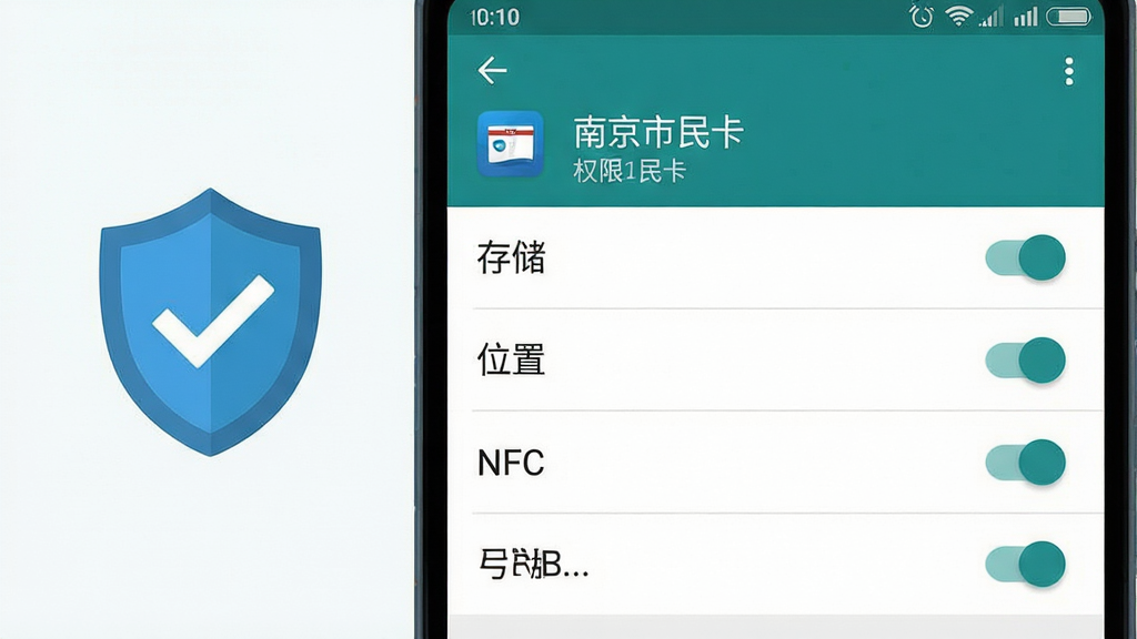 一张展示手机应用权限设置界面的示意图,画面为安卓手机设置页面特写,屏幕内列出“南京市民卡”应用的权限管理选项,包括存储、位置、NFC等开关,界面风格为系统原生设置页。画面一侧配有盾牌与对勾图标象征安全设置,构图简洁明了,风格扁平化,细节清晰,画质干净,无多余文字装饰