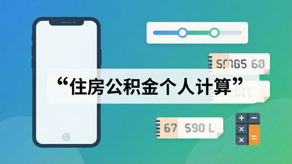 一张扁平化插画风格图片,画面左侧是手机轮廓,右侧漂浮着比例滑块、数字卡片和计算图标,中央用引号标注“住房公积金个人计算”文字,蓝绿渐变背景,排版均衡,细节简洁,画质清晰