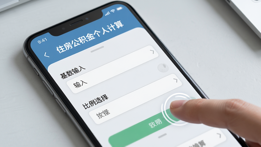 一张AI生成的教程示意图,画面为手机屏幕特写,显示“住房公积金个人计算”的基数输入与比例选择界面,旁边有手指点击示意,背景为浅灰桌面,风格写实,构图聚焦,画质干净