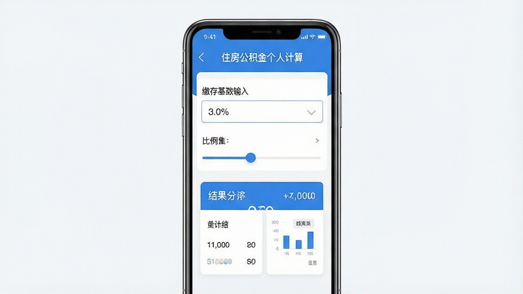 一张简洁的手机应用界面展示图,画面中央是一部竖屏手机,屏幕上显示“住房公积金个人计算”应用主界面,包含缴存基数输入框、比例滑块和结果展示卡片,布局清爽,采用蓝白配色,扁平化UI风格,细节处有数字与图表元素点缀,画质清晰,干净无多余元素