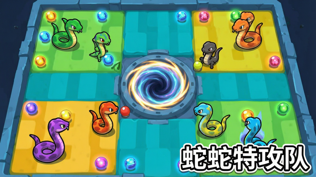 一张俯视角的多人竞技场景图,画面中有五条颜色各异的卡通蛇形角色分布在方形地图的不同位置,地图上散落着发光的小球资源,中央区域有一个旋转的能量漩涡,画面右下角用白色描边字体写着