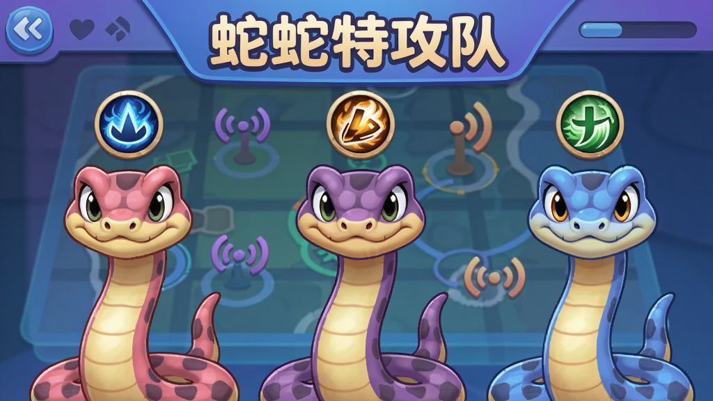 画面展示三条卡通蛇形角色并排站立在队伍界面中,每条蛇头顶有不同颜色的技能图标,背景是半透明的战术地图与信号标记符号,画面正上方用圆润字体写着
