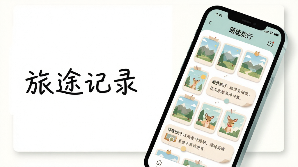 画面主体为手机屏幕展示“萌鹿旅行”旅途记录页面,页面内包含照片缩略图网格与文字备注条目;布局为手机斜置于画面右侧,左侧留白处放置手写风格标题“旅途记录”;排版采用图文混排,错落有致;风格为清新浅色系插画风,细节加入柔和投影与圆角相框,画质高清干净,无多余装饰