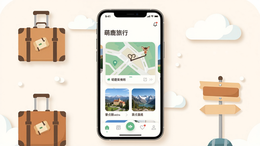 画面主体为一部竖屏智能手机,屏幕中央显示“萌鹿旅行”应用主界面,界面包含地图路线卡片、景点缩略图与底部导航栏;布局采用居中对称构图,手机置于画面正中,四周环绕浅色旅行元素如小行李箱、路标、云朵;排版简洁留白充足,风格为清爽扁平化插画风,细节处加入柔和阴影与圆角图标,画质高清干净,无多余元素
