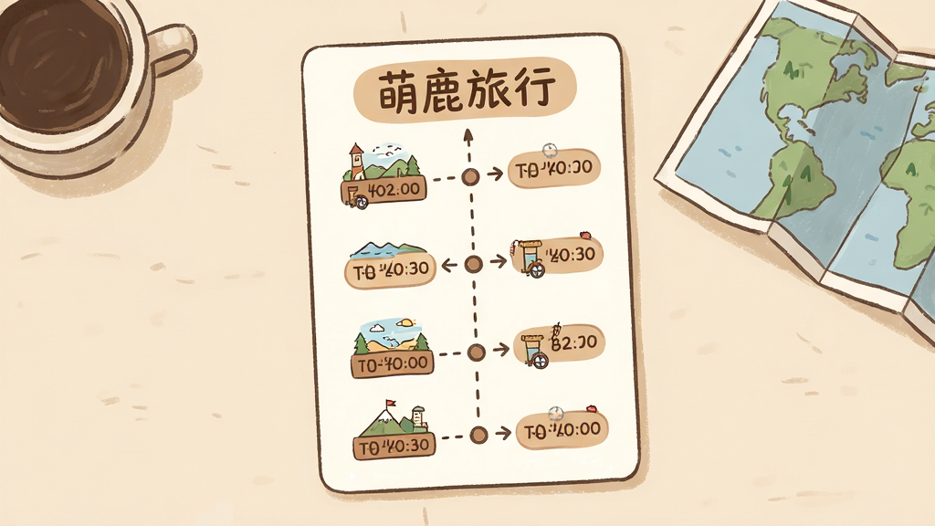 画面主体为一张展开的旅行行程时间轴卡片,卡片顶部写有“萌鹿旅行”字样,卡片内以时间轴形式排列多个景点图标与时间段标签;布局为卡片居中、背景为浅米色桌面,旁边点缀咖啡杯与地图折页;排版采用纵向时间轴结构,层次分明;风格为温暖手绘插画风,细节加入虚线连接与圆角标签,画质清晰干净,无杂乱元素