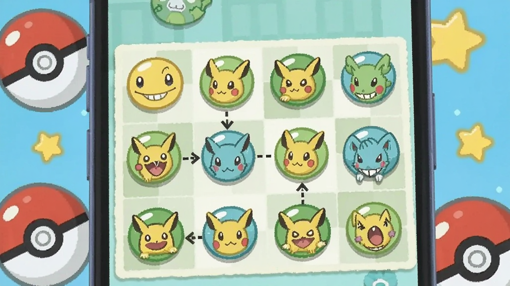 画面中央是一个明亮的手机屏幕,屏幕内展示pokemerge的合成棋盘,棋盘上排列着多个圆润可爱的宝可梦造型图标,两个相同图标之间用虚线箭头连接表示合并,屏幕外围散落着精灵球与星星装饰,整体采用扁平卡通风格,色彩以明黄、浅绿、天蓝为主,布局为竖版构图,主体突出手机与合成界面,细节包括图标的高光与阴影处理,画质清晰干净,无多余元素