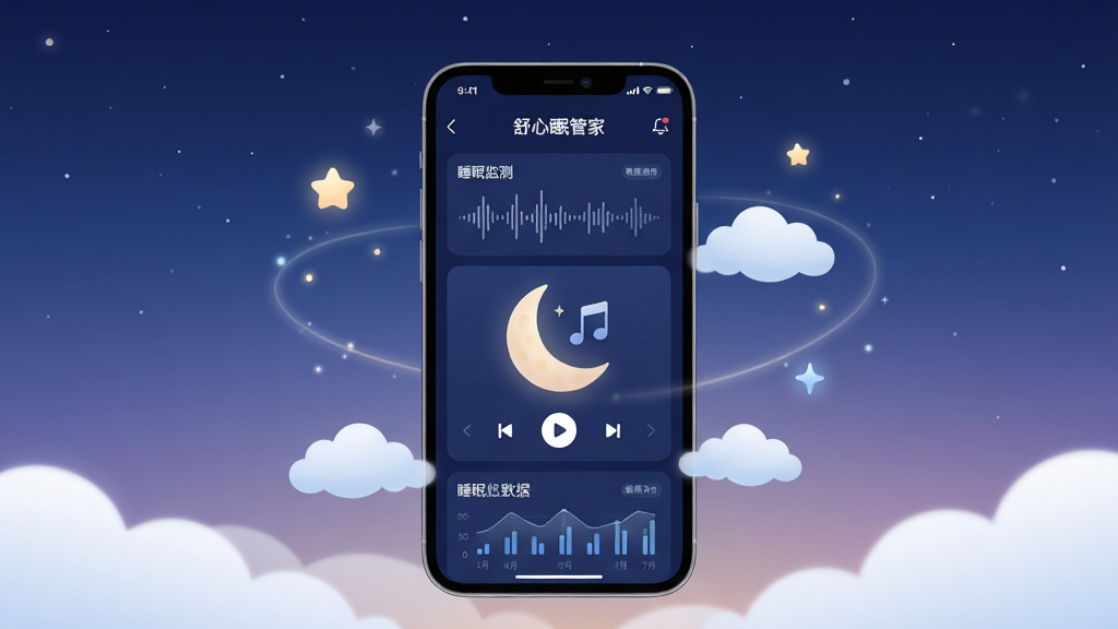 一款名为“舒心睡眠管家”的手机应用界面展示图,画面中央是一部竖屏智能手机,屏幕内显示深蓝色调的睡眠监测仪表盘与月牙形助眠音乐播放控件,手机周围环绕柔和的星光与云朵元素,背景为静谧的夜空渐变,整体布局居中对称,风格清新简约,细节处体现音频波形与睡眠数据图表,画质清晰干净,无多余装饰元素