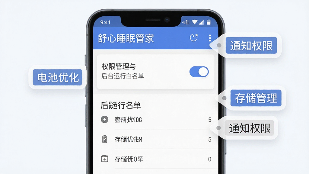 一张展示“舒心睡眠管家”在安卓手机上的设置界面示意图,画面为手机屏幕特写,屏幕内显示权限管理与后台运行白名单选项,旁边以悬浮标签形式标注“通知权限”“电池优化”“存储管理”等关键词,布局简洁直观,风格为科技感扁平界面,细节处体现开关按钮与列表条目,画质清晰干净,无杂乱背景