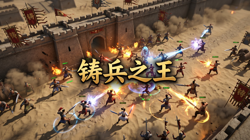 铸兵之王攻沙战场面预览图,画面为俯视角多人混战场景,城墙与旗帜醒目,多名角色释放技能特效,画面中央用金色字体写着