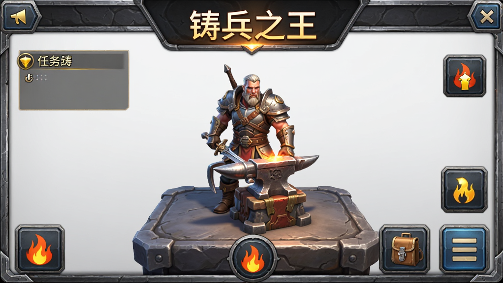铸兵之王新手操作界面预览图,画面为手机竖屏游戏界面,中央显示角色与铸兵台,四周分布任务追踪、背包、菜单按钮,顶部用发光字体标注