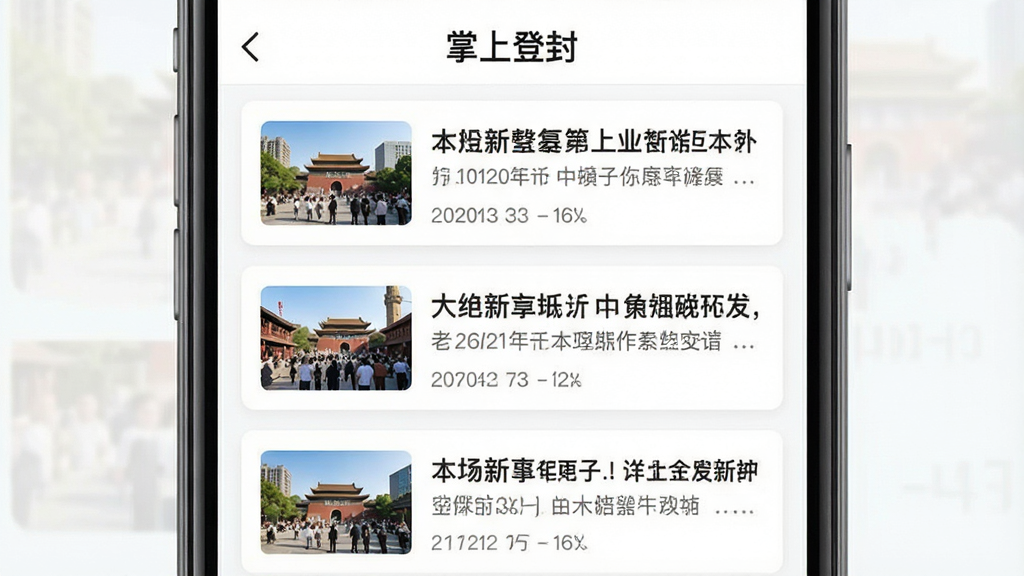 画面主体为手机应用资讯列表页面,页面顶部显示“掌上登封”名称,列表中排列多条本地新闻卡片,每条卡片配有小尺寸缩略图与标题文字,布局为垂直滚动式信息流,风格为简洁新闻阅读界面,细节上突出卡片间距与文字层级,画质清晰,画面干净,无多余元素