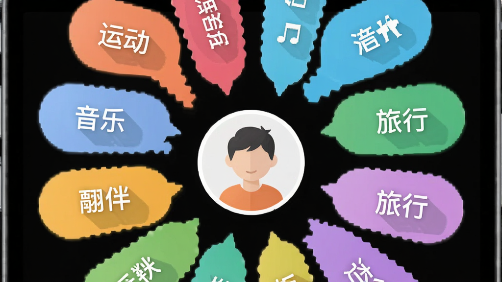 “杏伴”应用内兴趣标签选择界面,主体为手机屏幕中多个彩色兴趣标签气泡围绕中心头像排列,布局为环形放射状排版,风格清新明快扁平设计,细节包含运动、音乐、旅行等文字标签与柔和阴影,画质清晰干净无多余元素