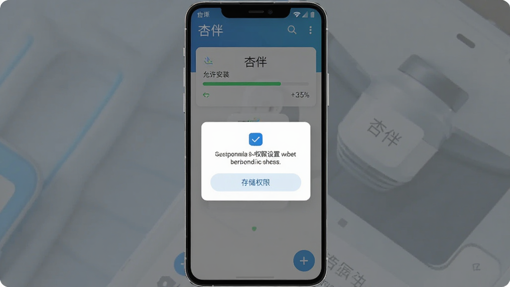 “杏伴”安卓应用安装与权限设置示意场景,主体为手机屏幕显示安装进度条与权限授权弹窗,布局为居中卡片式排版,风格清爽扁平科技感,细节包含“允许安装”“存储权限”文字按钮与进度百分比,画质高清干净无多余元素