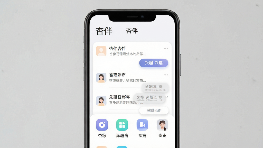 一款名为“杏伴”的安卓手机社交应用界面展示,主体为手机屏幕居中放置,屏幕内呈现简洁的聊天列表与兴趣标签页面,布局为上下结构上方显示应用名称“杏伴”下方为功能图标排列,排版整齐留白充足,风格为现代扁平化UI设计,细节包含圆角卡片、柔和渐变按钮、清晰文字标签,画质高清干净无多余元素