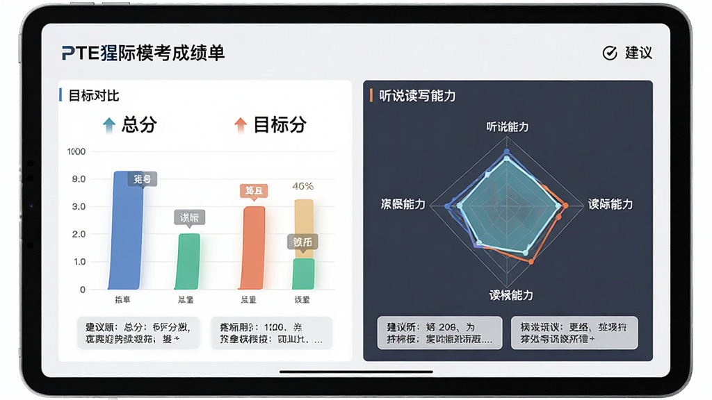 PTE猩际模考成绩单页面,主体为平板电脑横屏显示全真模考报告,布局左侧为总分与目标分对比柱状图,右侧为听说读写四项能力雷达图,排版左右分栏,风格商务简约,细节包含分数标签、趋势箭头与建议文字框,画质高清,画面干净,无多余元素
