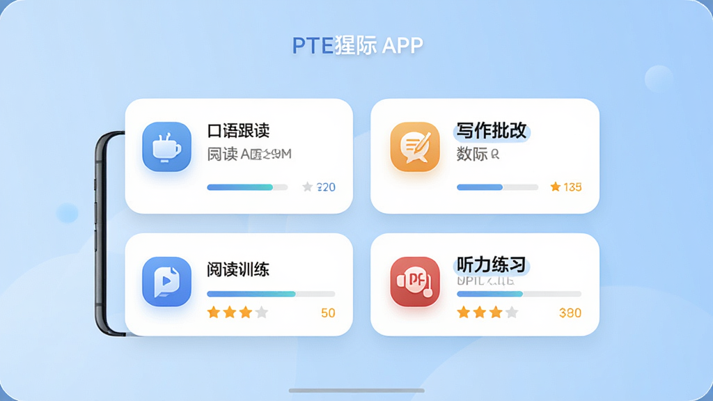 PTE猩际应用界面展示,主体为一部智能手机竖屏显示PTE猩际APP首页,页面包含口语跟读、写作批改、阅读训练、听力练习四个功能入口卡片,背景为浅蓝色渐变,布局居中对齐,排版清晰,风格简洁现代扁平化,细节包含圆角图标、进度条与评分星级,画质高清,画面干净,无多余元素