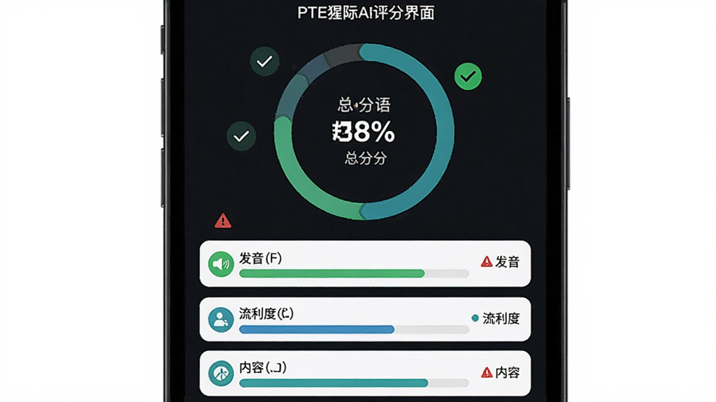 PTE猩际AI评分界面,主体为手机屏幕展示口语练习评分报告,布局上方为总分环形图,下方为发音、流利度、内容三项细分得分条,排版纵向排列,风格科技感扁平设计,细节包含绿色对勾、红色警示标记与文字批注,画质高清,画面干净,无多余元素