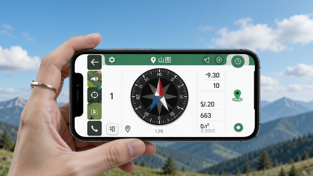 �ֻ��û��ڻ��⿪���ش�ʹ��ɽͼGPSָ����Ӧ�ã��ֳ��ֻ�ˮƽ��׼������Ļ��ʾָ������̺Ͷ�λ���ݣ�������������ƺ�Զɽ������������Ȼ�ɾ�