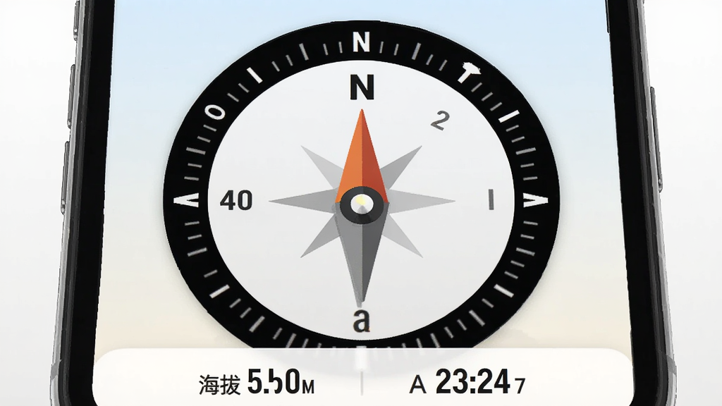 �ֻ���Ļ��ʾɽͼGPSָ����Ӧ�ý��棬��������Ŀ��Բ��ָ������̣�ָ��ָ�򱱷��������·���ʾ���θ߶Ⱥ��ƶ��ٶ����ݣ������Ǽ���ǳɫ���䣬��������ˬ�ִ������������ɾ��޶���Ԫ��