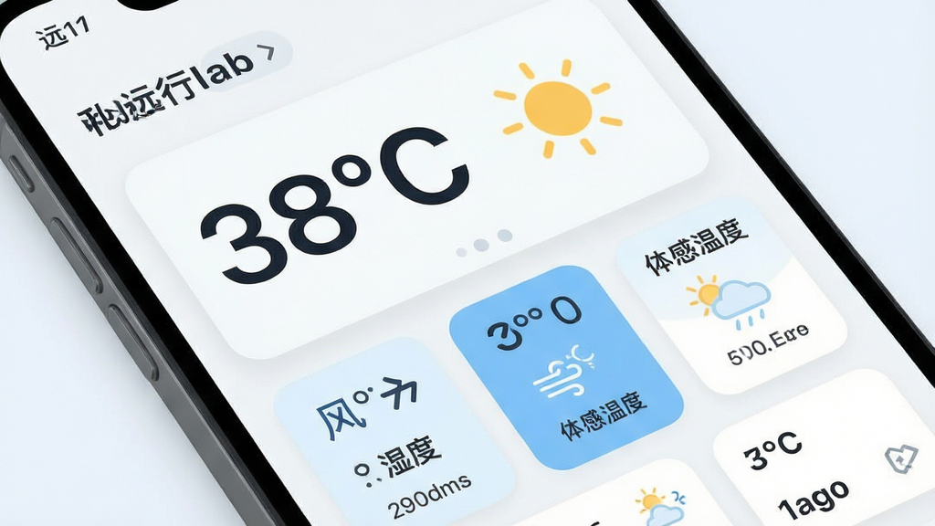 主体为“远行天气”手机应用界面特写,屏幕上方显示大字号温度数字与晴天太阳图标,下方排列风力、湿度、体感温度等小卡片;界面采用卡片式布局,浅色背景搭配蓝色强调色;风格为现代扁平UI设计,细节上卡片圆角柔和、图标线条简洁;画质清晰,画面干净,无多余元素