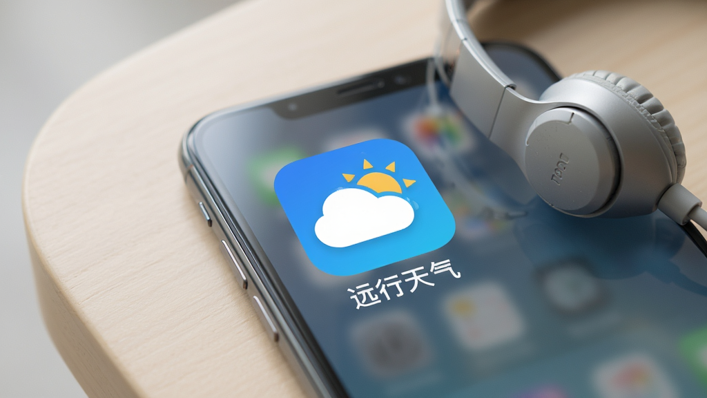 主体为“远行天气”应用安装完成后的手机桌面图标特写,图标为蓝色底配白色云朵与太阳组合图案,图标下方显示“远行天气”文字;手机平放在浅色桌面上,旁边放着一副耳机;风格为写实产品摄影风,光线柔和,细节清晰,画质干净,背景简洁无杂物