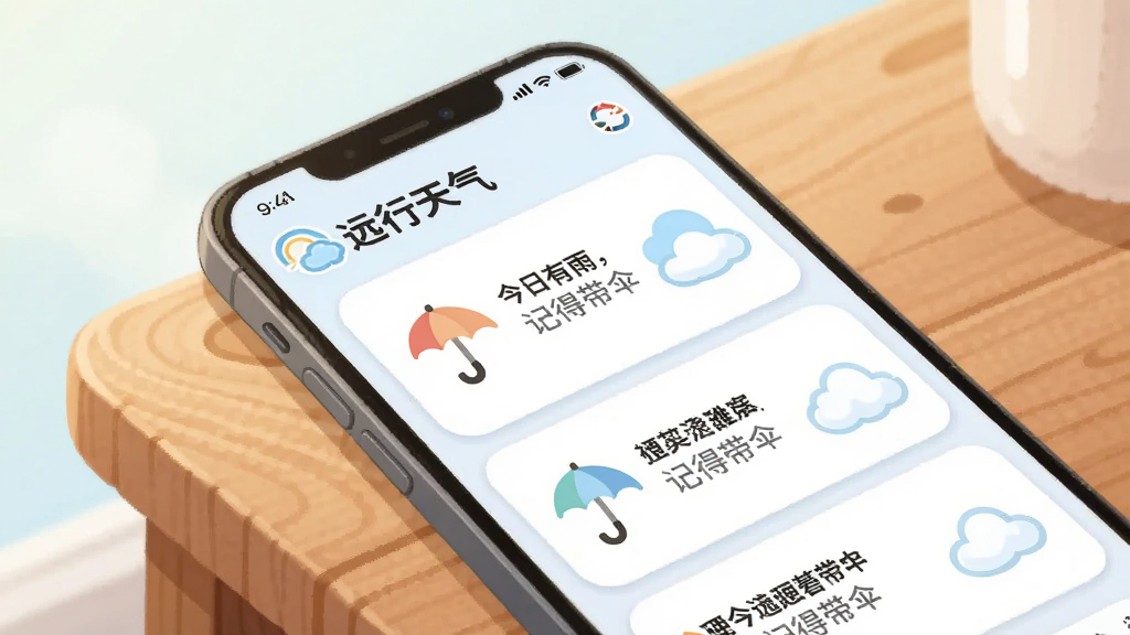 主体为“远行天气”应用中的出行建议页面,屏幕显示“今日有雨,记得带伞”等提示卡片,旁边配有雨伞与云朵的小图标;手机斜放在木质桌面上,背景为柔和浅色;风格为清新插画风,细节上文字卡片排列整齐、图标圆润;画质干净清晰,无杂乱元素
