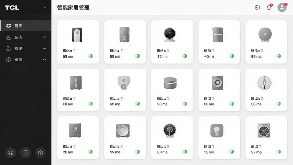 ����ΪTCL���ܼҾӹ������棬���ֲ��ÿ�Ƭʽ��������չʾ��ͬ�ҵ��豸���Ű��������򣬷��Ϊ��ˬ��Լ��UI���ͼ��ϸ�ڰ���ÿ�ſ�Ƭ�ϵ��豸ͼ����״ָ̬ʾ�����ʸ���ɾ����޶���Ԫ��
