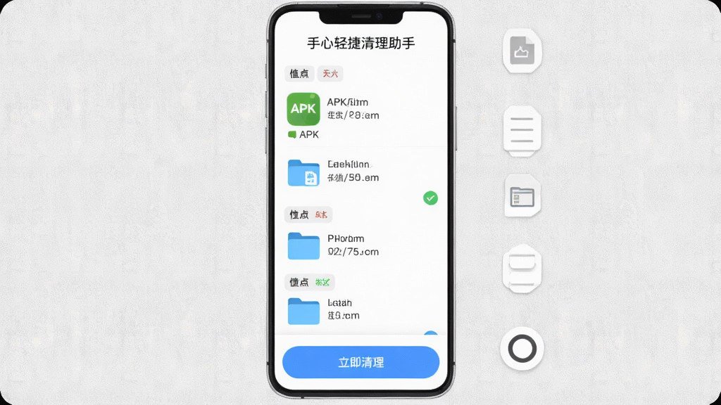 手机界面展示“手心轻捷清理助手”安装包清理功能,屏幕中央为文件列表包含APK图标与文件夹图标,右侧显示文件大小与勾选状态,底部有“立即清理”按钮,背景为浅灰纹理,风格为工具类应用界面展示,细节包含文件路径文字与分类标签,画质高清,画面干净无杂乱