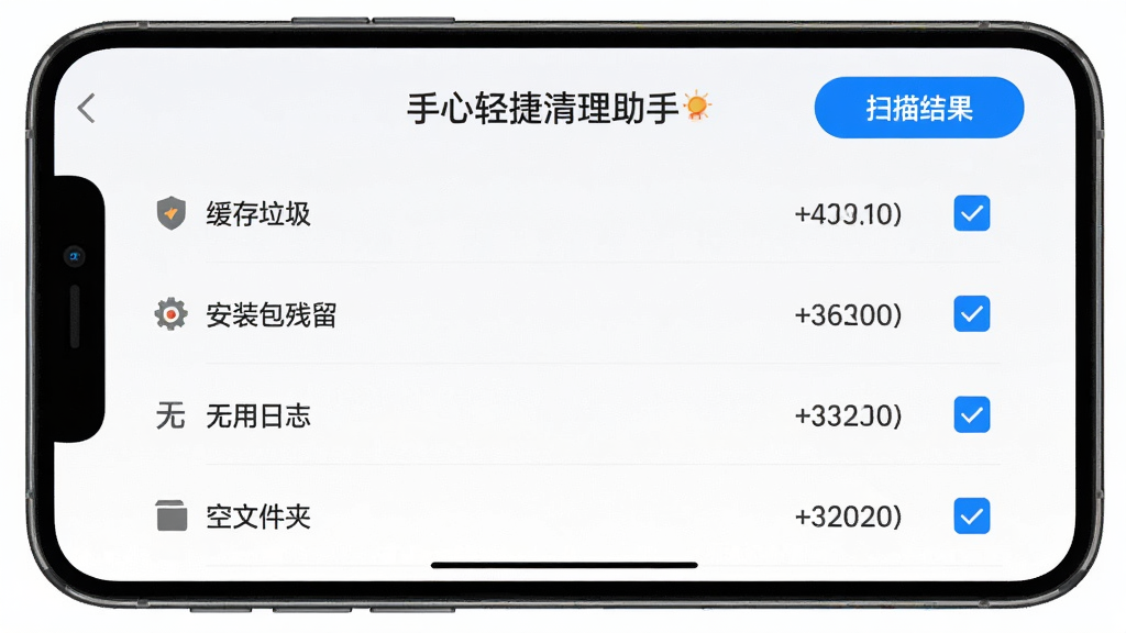 手机界面展示“手心轻捷清理助手”扫描结果页面,左侧为分类列表包含缓存垃圾、安装包残留、无用日志、空文件夹,右侧为对应大小数值与勾选框,顶部有扫描完成状态提示,整体采用浅色背景与蓝色高亮按钮,风格为移动端UI设计展示图,细节清晰,画质干净,无多余装饰元素