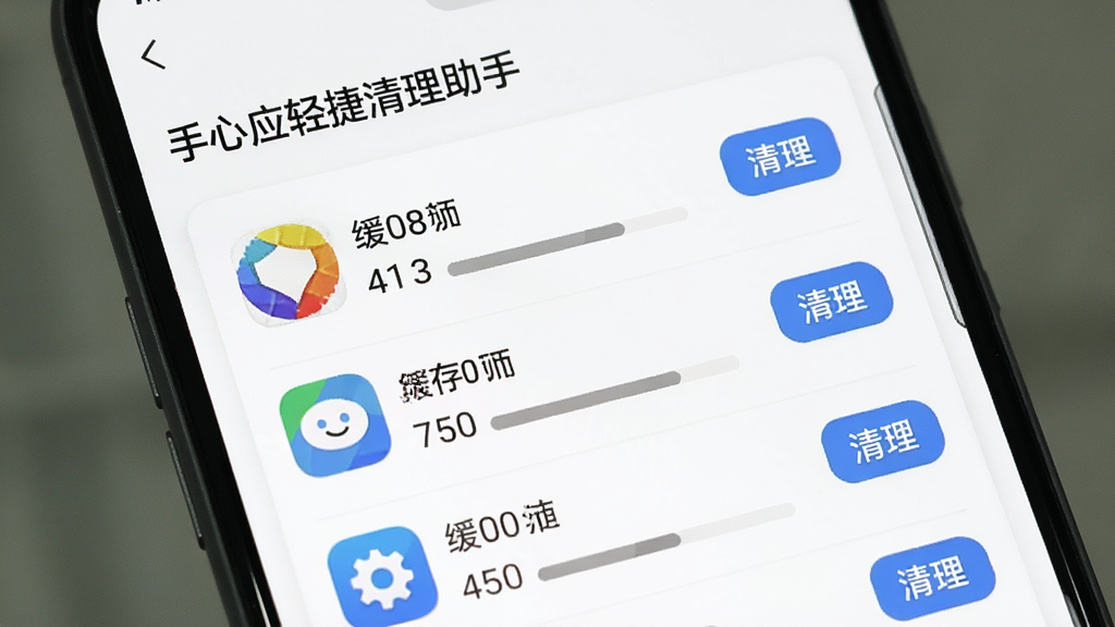 手机屏幕显示“手心轻捷清理助手”应用专清页面,列表展示多个应用图标与对应缓存大小,按占用空间从高到低排列,每行右侧设有清理按钮,顶部标题为应用缓存管理,背景为白色卡片式布局,风格为清爽移动端界面,细节包含彩色应用图标与灰色进度条,画质清晰,画面整洁