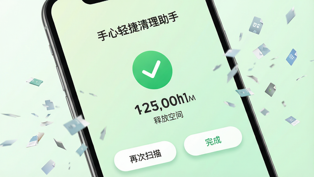 手机屏幕展示“手心轻捷清理助手”清理完成提示页面,中央为绿色对勾图标与释放空间数值,下方有“再次扫描”与“完成”按钮,背景为淡绿色渐变,四周有细小的文件碎片消散效果,风格为清爽工具类应用界面,细节包含圆角按钮与柔和阴影,画质高清,画面干净